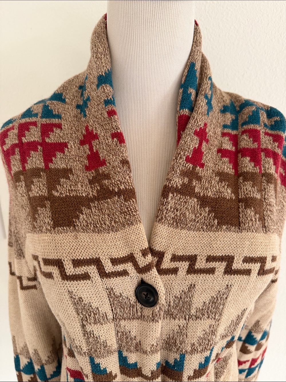 Pendleton Beige Aztec Shawl Collar Cardigan with Teal & Red Accents - Picture 3 of 7